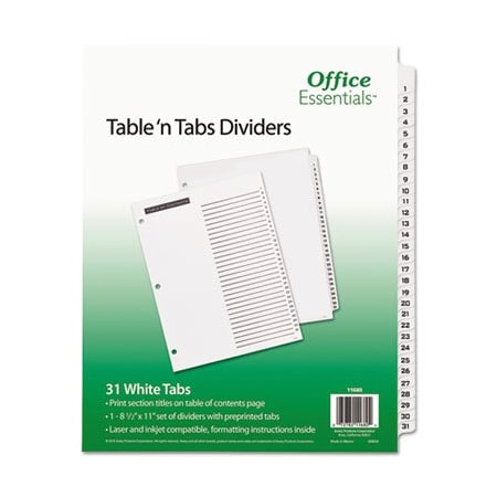 Avery Dennison Office Ess, TABLE 'N TABS DIVIDERS, 31-TAB, 1 TO 31, 11 X 8.5, WHITE 11680